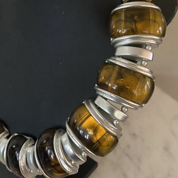 Vintage Tigers Eye Faux Necklace Chunky Statement Silver Tone Tortoise - Picture 2 of 7